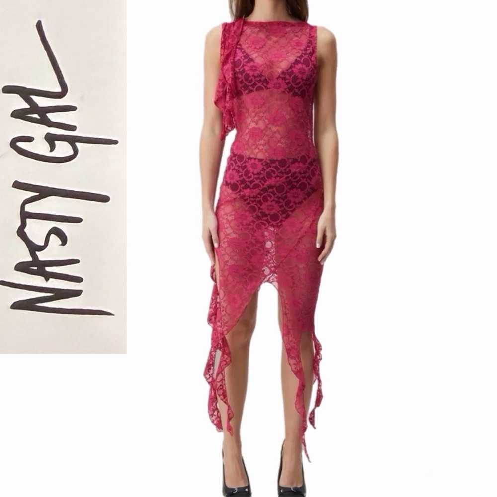 Nasty Gal Sexy Hot Pink Lace Asymmetrical Midi Dress Baddie NWT Size L